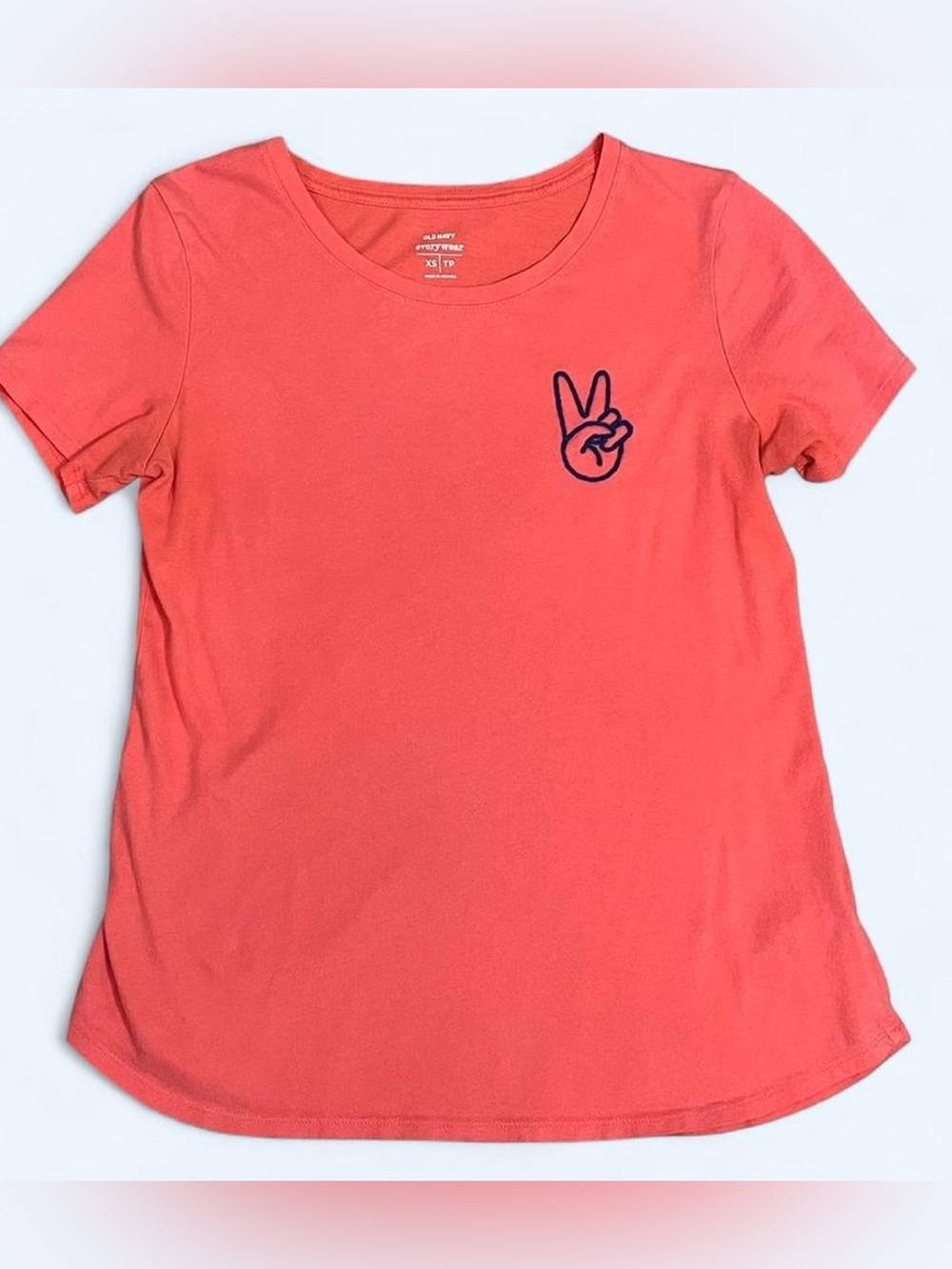 Old Navy XS Coral Orange Navy Blue Peace Sign Embroidered 100% Cotton T-shirt